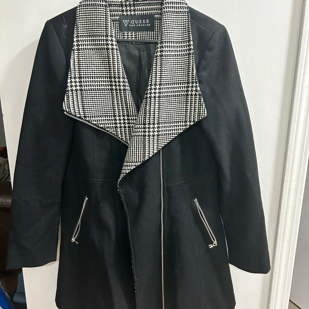 Guess Los Angeles‎ Womens Black Asymmetrical Zip Houndstooth Collar Coat Large